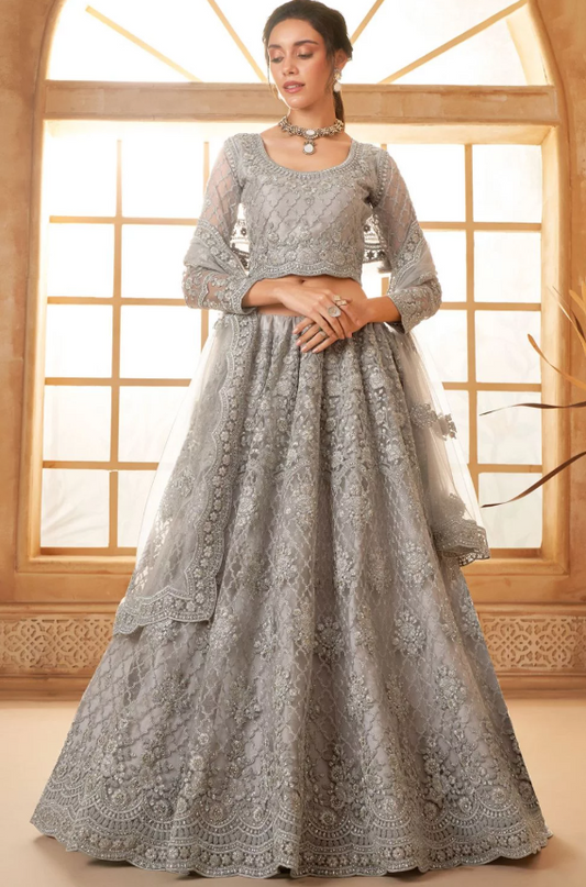 Grey Bridal Wedding Lehenga Set In Net SSSA463801A