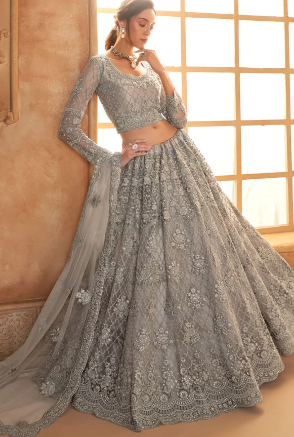 Grey Bridal Wedding Lehenga Set In Net SSSA463801A