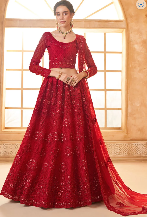 Red Bridal Wedding Lehenga Set In Net SSSA463801C