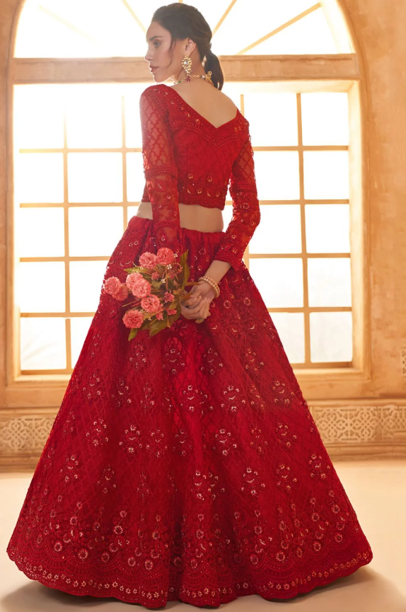 Red Bridal Wedding Lehenga Set In Net SSSA463801C