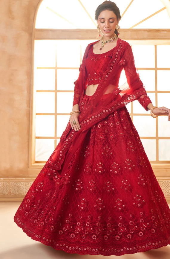 Red Bridal Wedding Lehenga Set In Net SSSA463801C