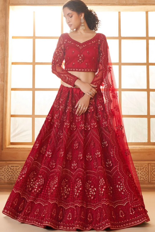 Hot Red Bridal Wedding Lehenga Set In Net SSSA463804C