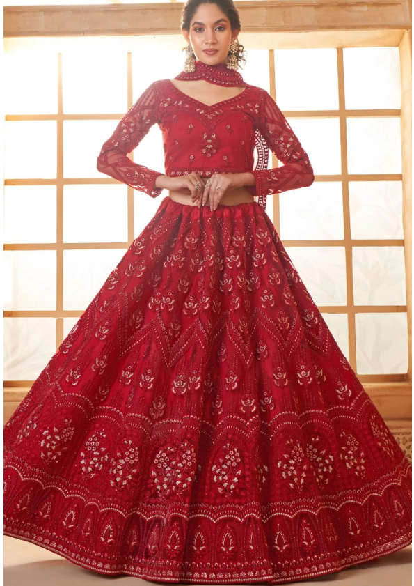 Hot Red Bridal Wedding Lehenga Set In Net SSSA463804C