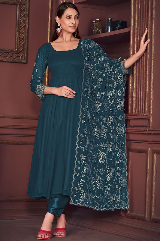 Teal Blue Colour Embroidered Georgette Anarkali Suit SFPRF202606