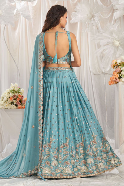 Turquoise Georgette Wedding Party Designer Lehenga Set SFPRF219006