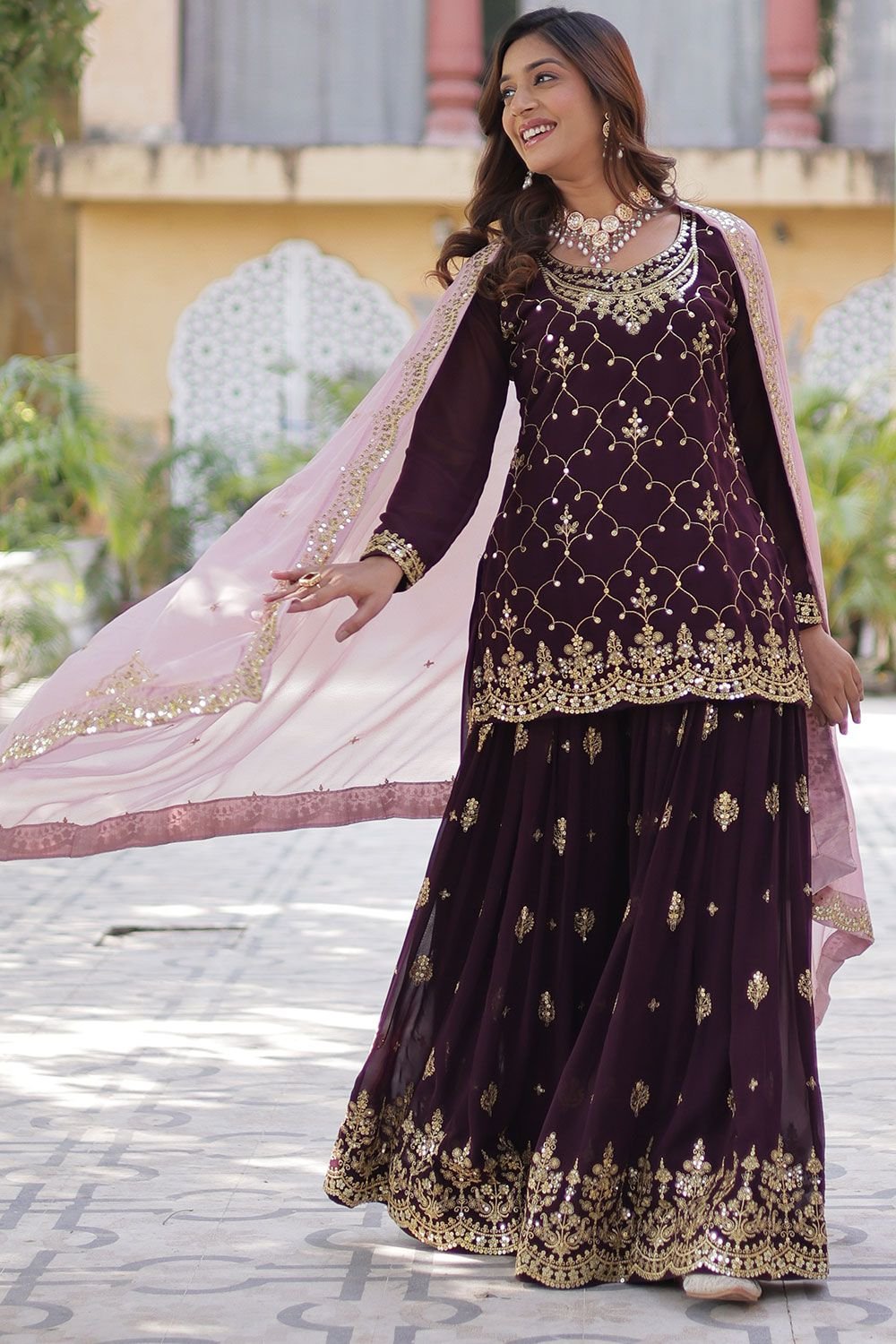 Bespoke Burgundy  Palazzo Kameez In Georgette Zari Work SFPRF227402R