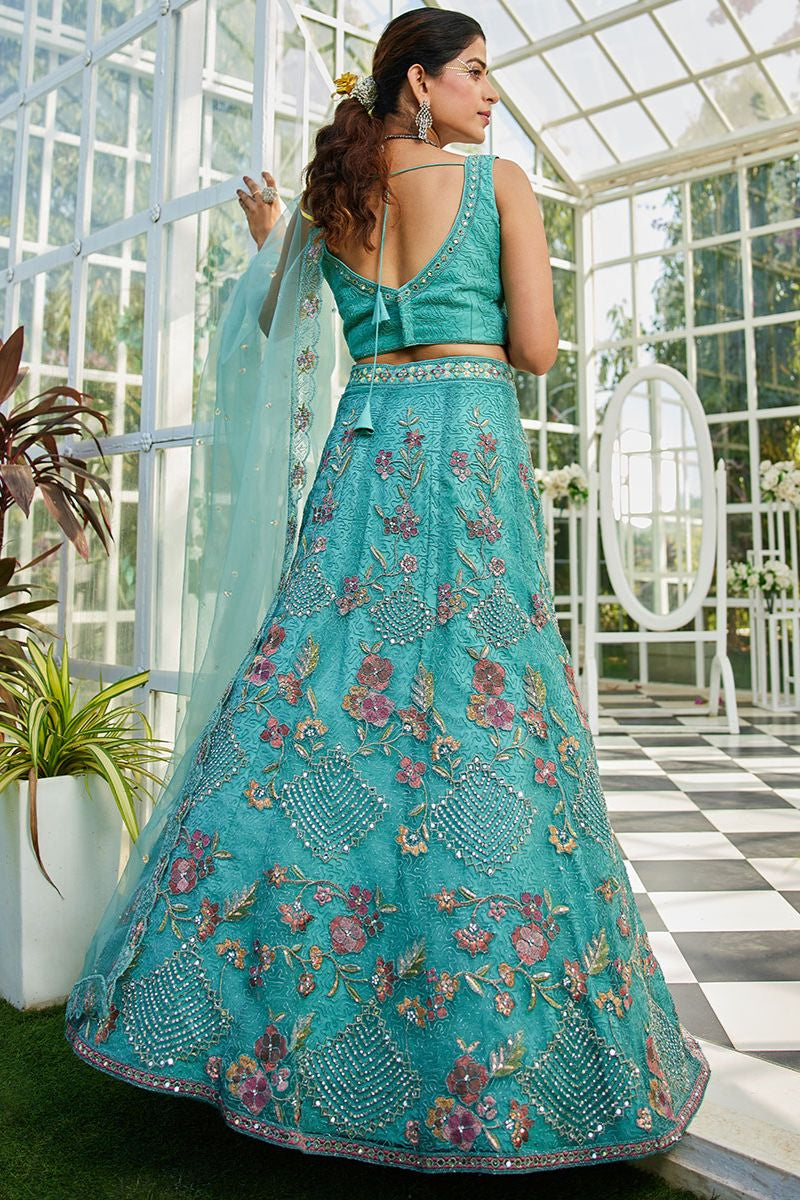 Blue Net Wedding Designer Lehenga Choli Set SFPRF228202