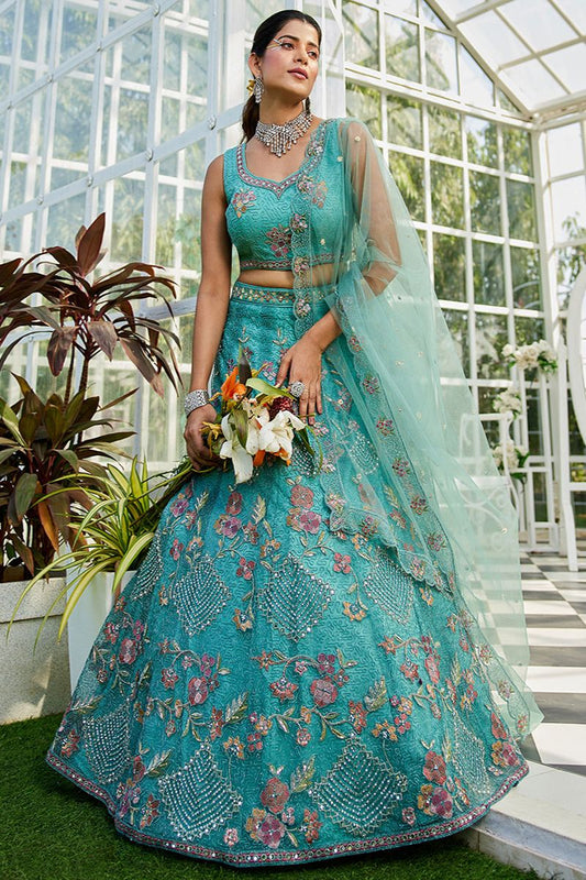 Blue Net Wedding Designer Lehenga Choli Set SFPRF228202