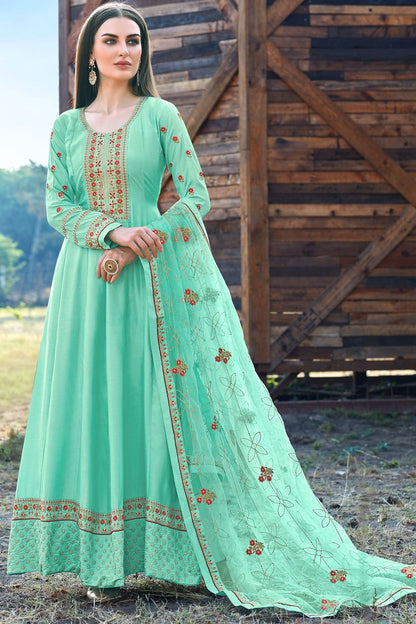 Turquoise Wedding Haldi Sangeet Party Silk Anarkali Salwar Gown SFSA462906