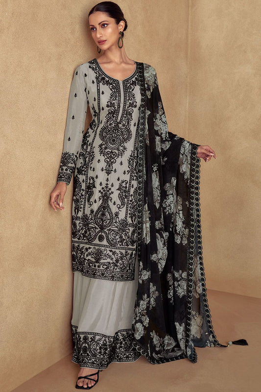 Grey Embroidered Chinon Silk Palazzo Kameez SFYS135701