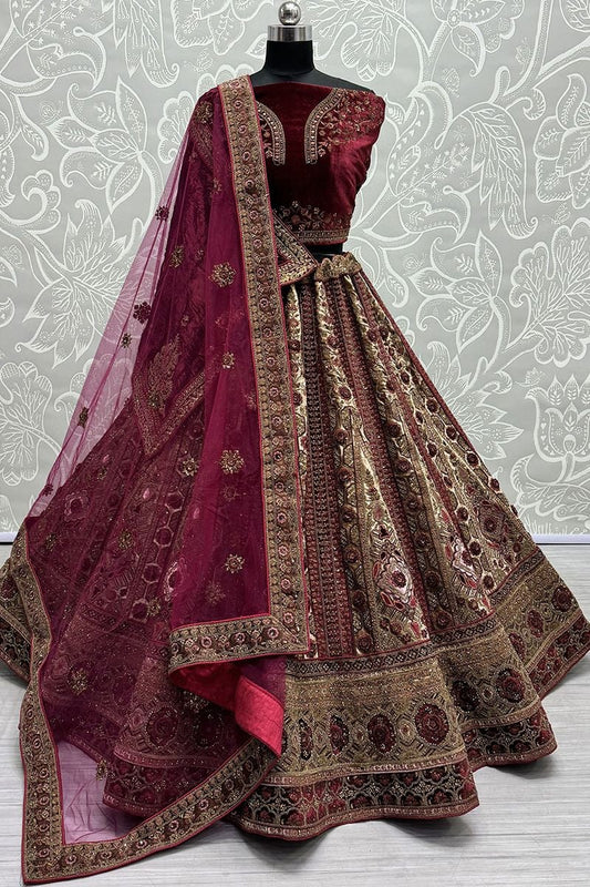 Maroon Velvet Heavy Bridal Lehenga Set SFANJ2718