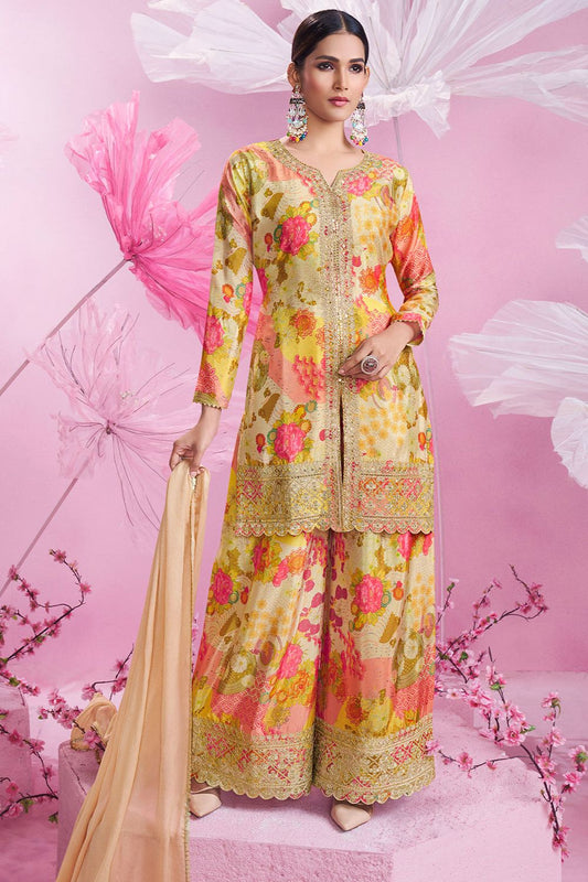 Beige Sangeet Wedding Party Palazzo Salwar Kameez In Chinnon Silk SFFK23903