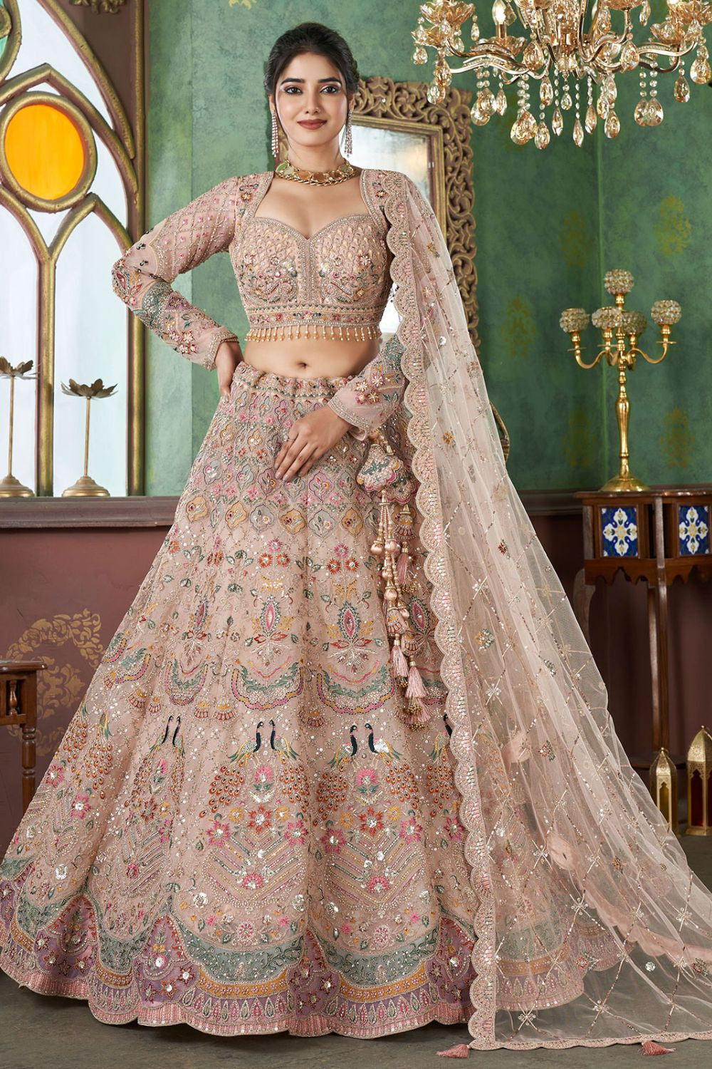 Beige Net Bridal Engagement Lehenga Choli SFRELS3506R