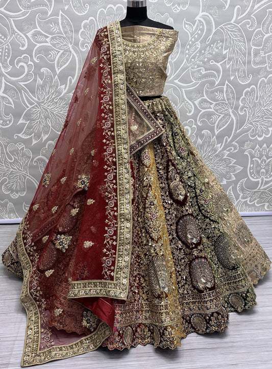 Beige Bridal Wedding Velvet Lehenga Choli Set SFANJ2938