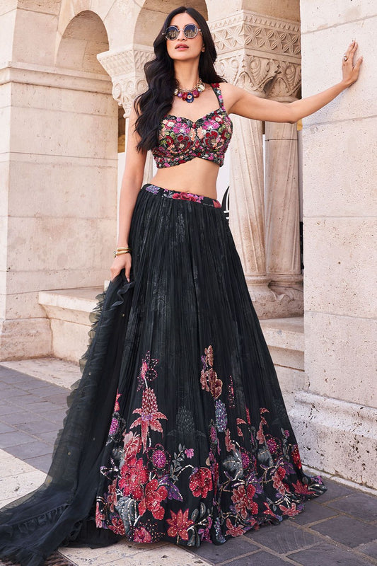 Black Chinnon Silk Evening Party Lehenga SFSMT40402