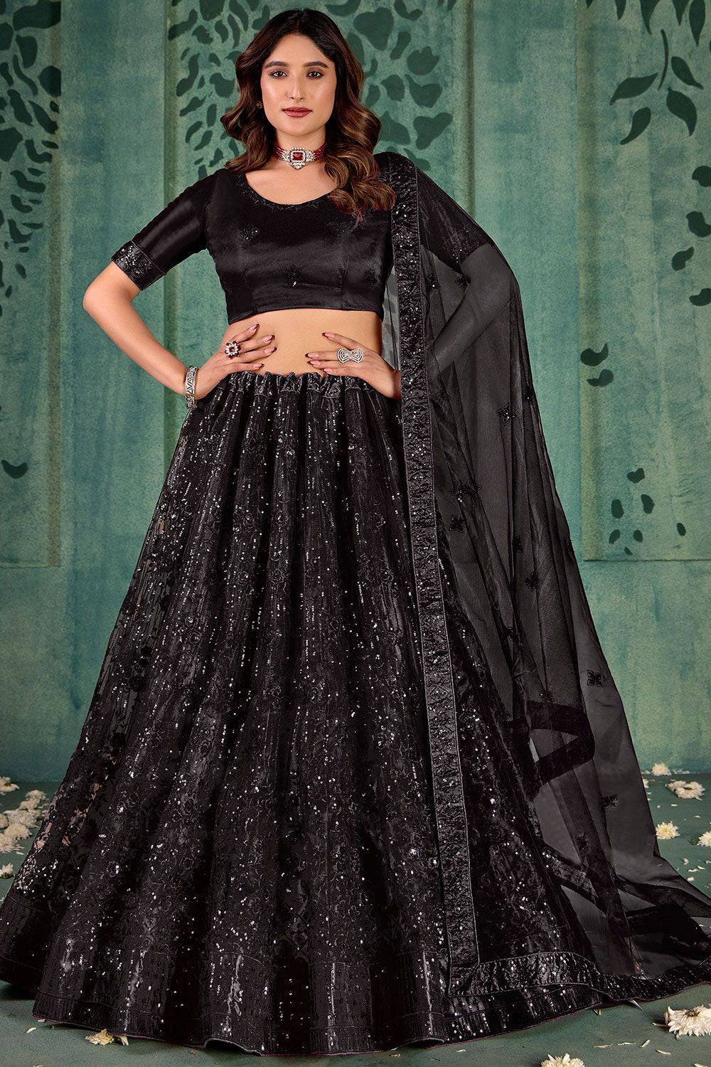 Black Net Wedding Party Lehenga Choli Set SFYS143202