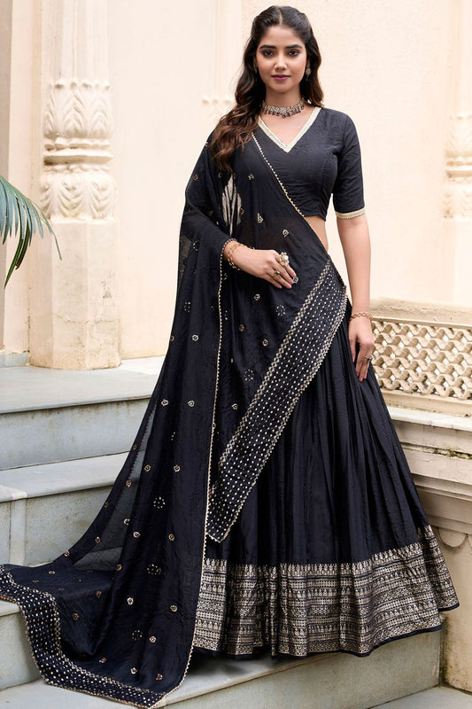 Black Chanderi Silk Evening Partywear Lehengas  SFROY500501