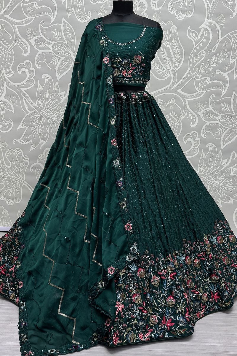 Enchanting Green Chinnon Wedding Lehenga SFANJ2921