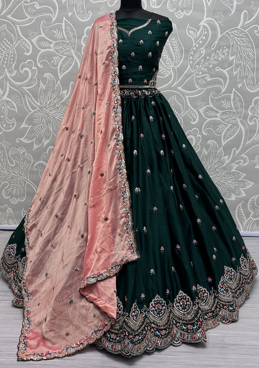 Green Silk Designer Lehenga Choli For Engagement SFANJ2941