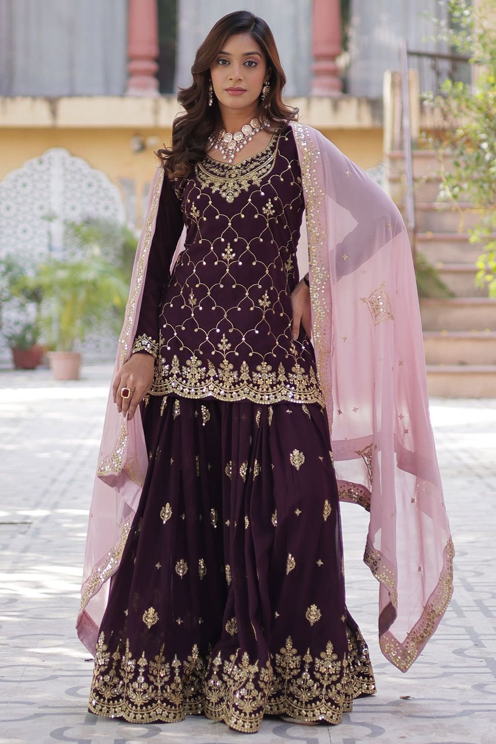 Bespoke Burgundy  Palazzo Kameez In Georgette Zari Work SFPRF227402R