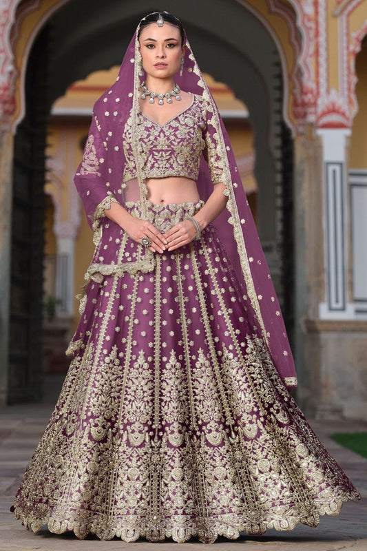 Burgundy Net Bridal Wedding Reception Lehenga Set SFSA478906