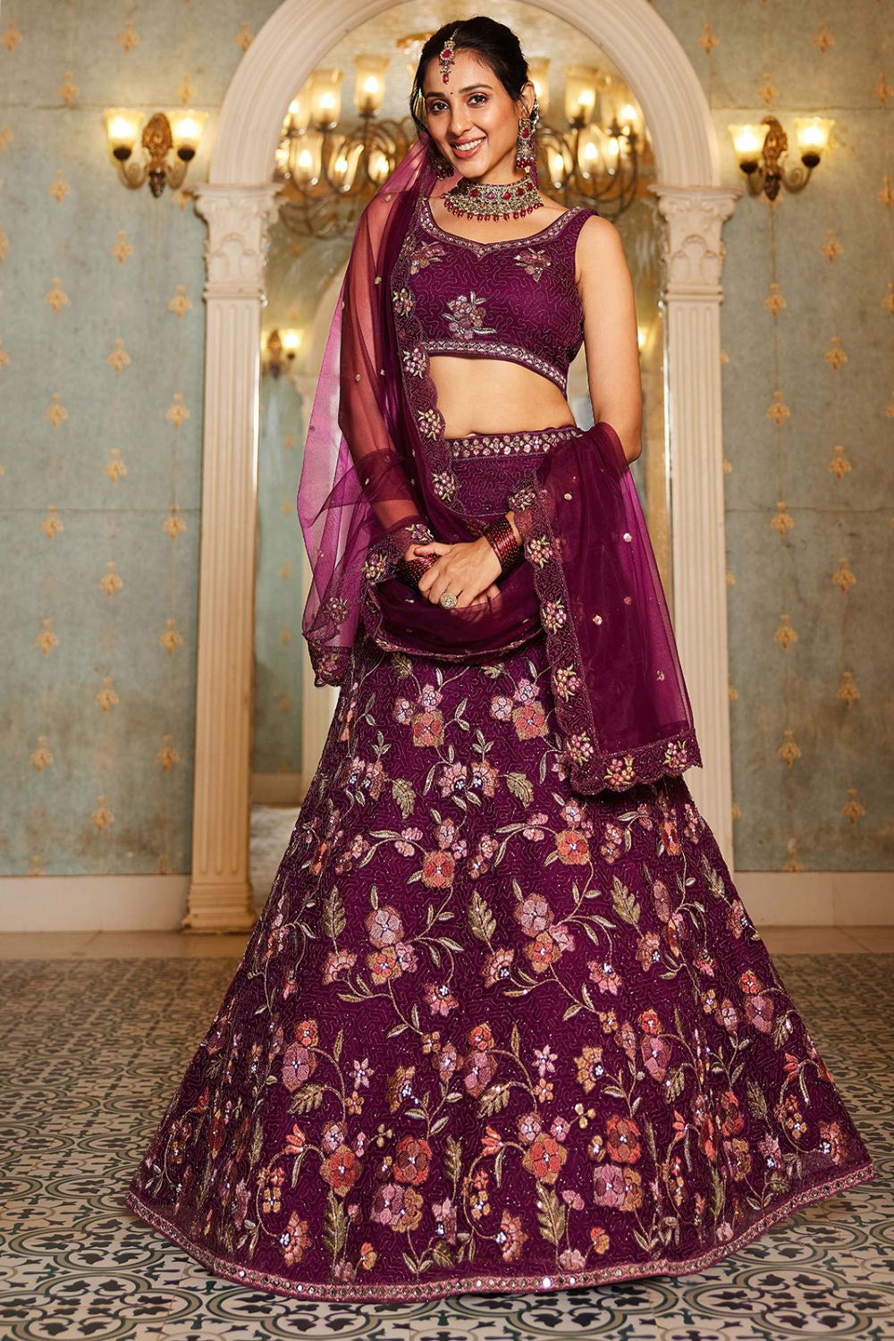 Burgundy Net Wedding Lehenga With Zari Work SFROY509017