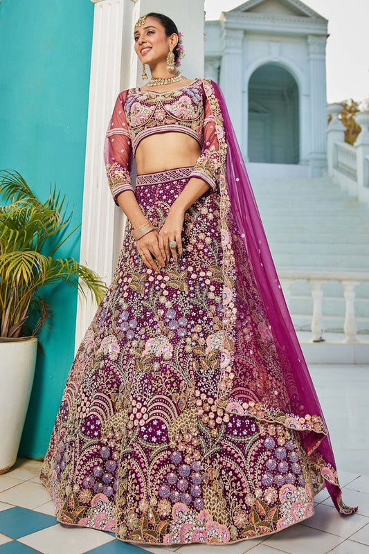 Elevated Burgundy  Net Bridal Wedding Lehenga SFROY509108