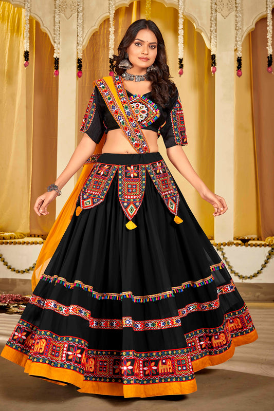 Black Navratri Garba Chaniya Choli Flared In Georgette SFSCCFG1376