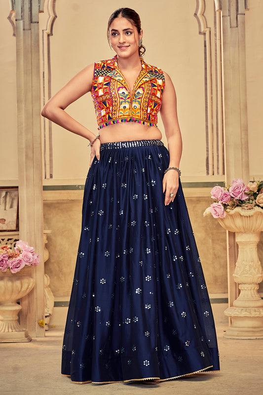 Blue Navratri Garba Chaniya Choli Flared In Georgette Cotton SFSCCFG1377