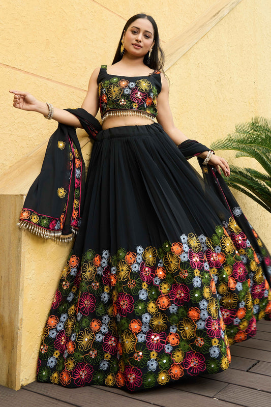 Black Navratri Garba Chaniya Choli In Georgette SFSRCCFG1381