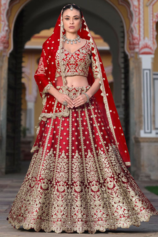 Red Net Bridal Wedding Reception Lehenga Set SFSA478904