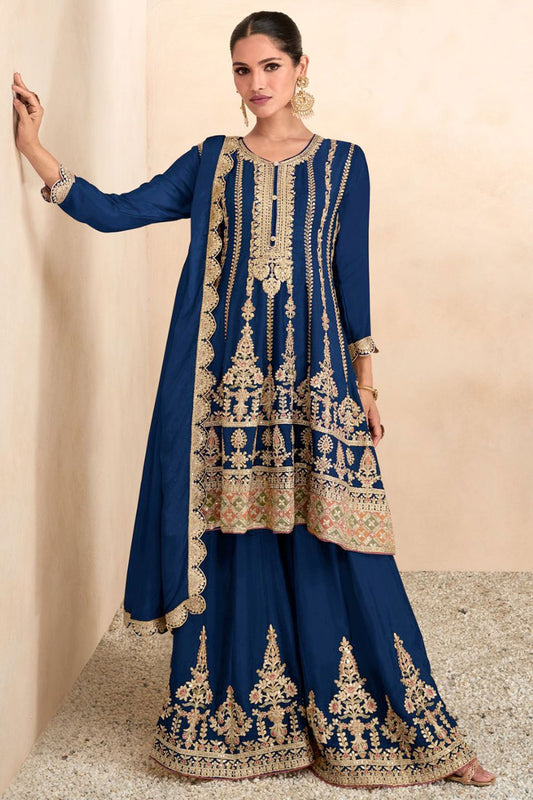 Royal Blue Sangeet Ceremony Chinnon Silk Palazzo Kameez SFEDC9602