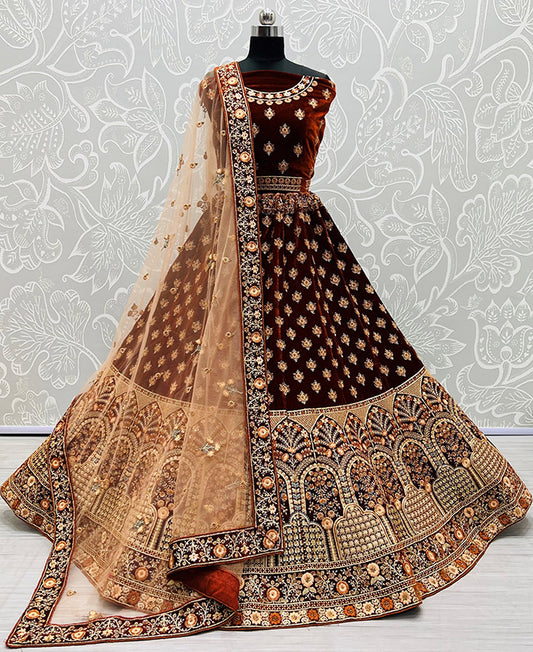 Brown Velvet Designer Party Wedding Lehenga Choli Set SFANJ1817