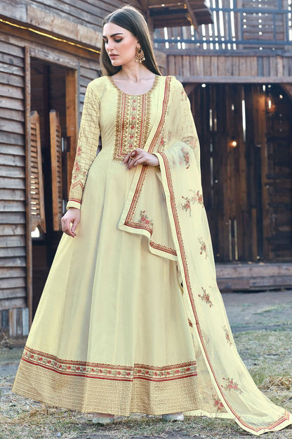 Cream Party Silk Anarkali Salwar Gown SFSA462905