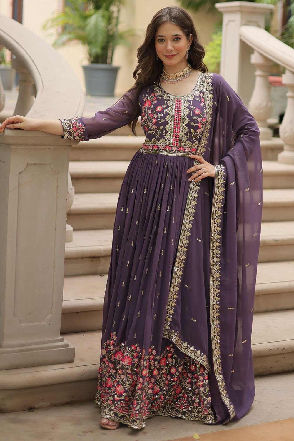 Purple Exquisite Palazzo Kameez In Georgette SFNPV57102R