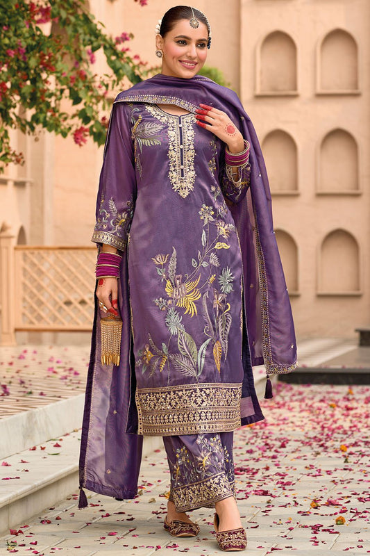 Purple Embroidered Salwar Kameez Trouser Readymade Suit SFFK22801R