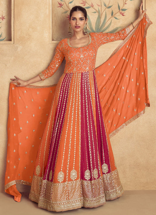 Orange Georgette Asian Bridal Long Anarkali Gown SF307095