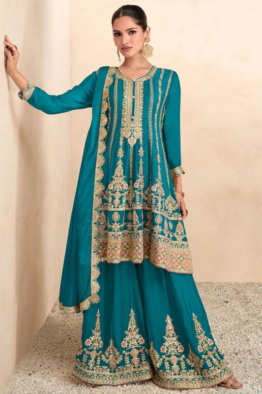 Turquoise Sangeet Ceremony Chinnon Silk Palazzo Kameez SFEDC9604