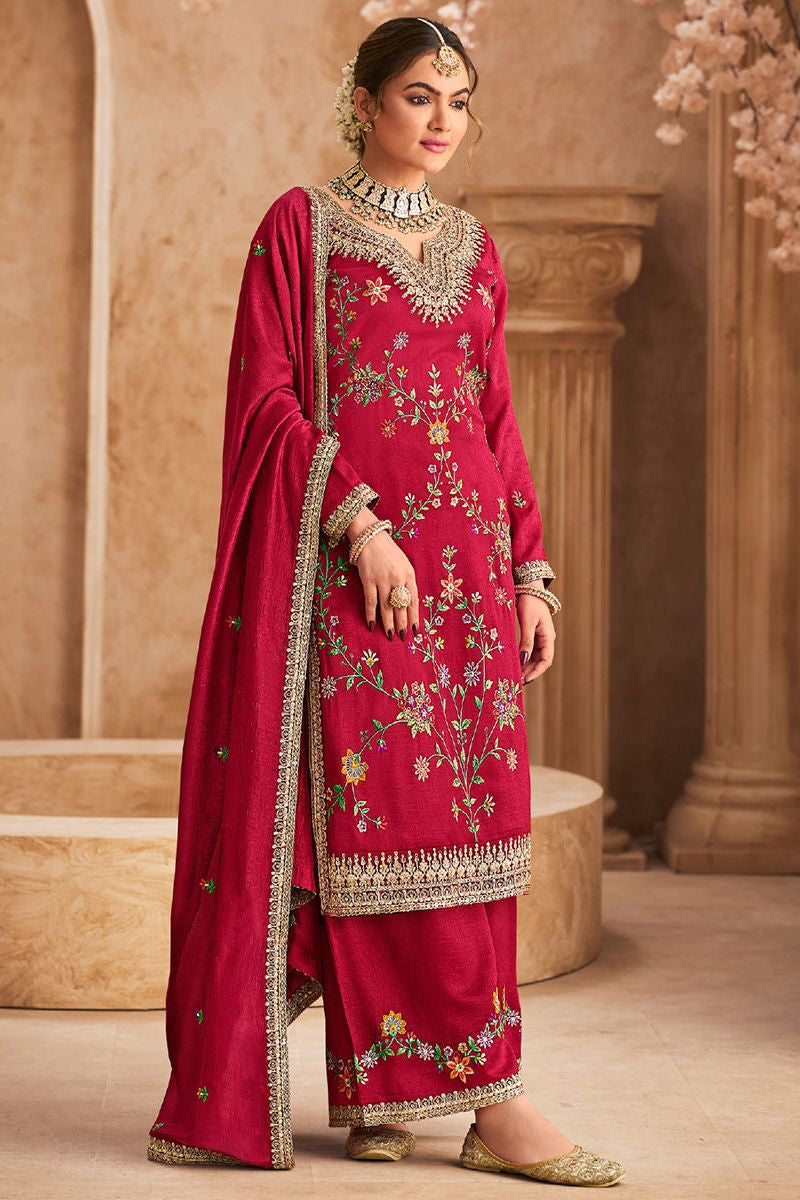 Red Sangeet Wedding Party Palazzo Salwar Kameez In Chinnon Silk SFYS144803