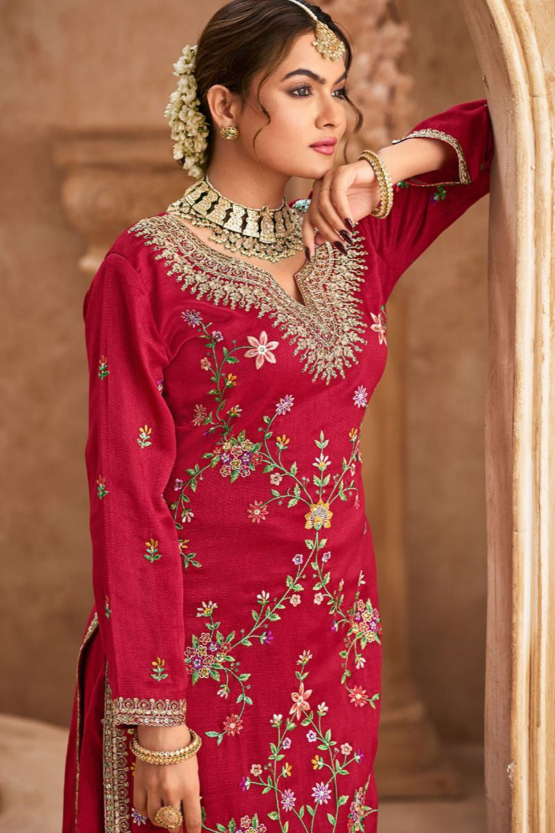 Red Sangeet Wedding Party Palazzo Salwar Kameez In Chinnon Silk SFYS144803