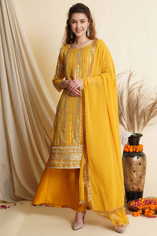 Yellow Haldi Sangeet Party Palazzo Kameez In Georgette SFSTL20609