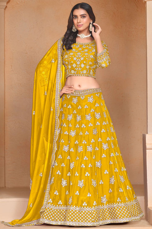 Yellow Organza Haldi Sangeet Designer Lehengas SFDFS31003