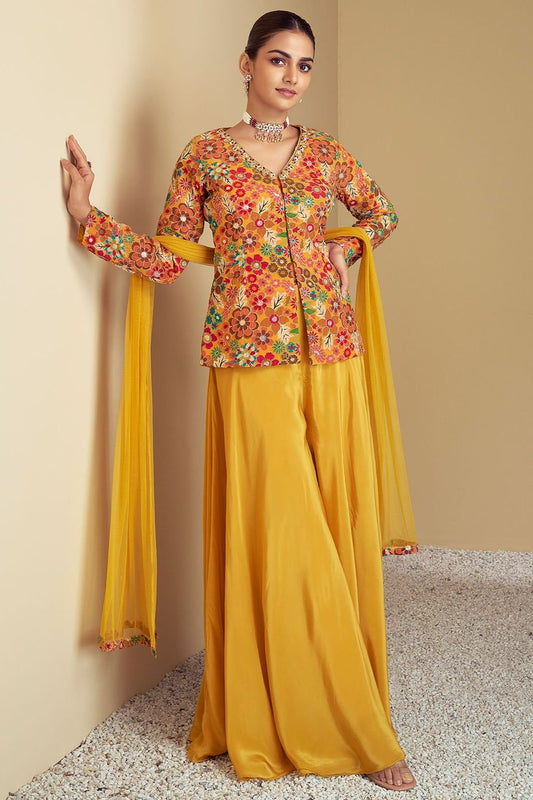 Edgy Yellow  Sangeet Palazzo Kameez In Chinnon  SFSMT41302