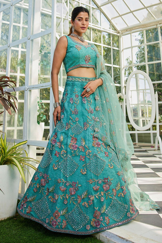 Green Net Wedding Lehenga With Zari Work SFROY509013