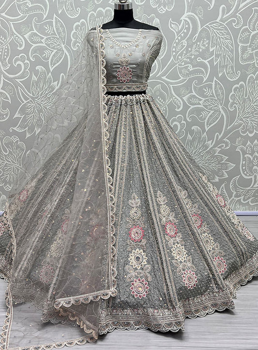 Regal Grey Velvet Wedding Reception Lehenga Set SFANJ2389