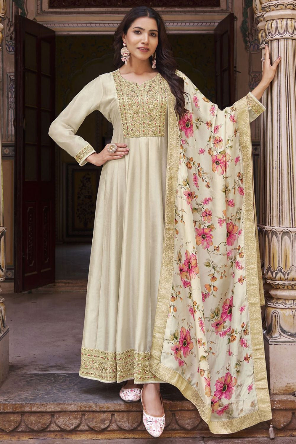 Ivory Wedding Party Silk Anarkali Salwar Gown SFYS132702