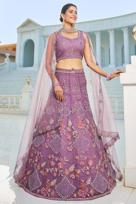 Purple Net Wedding Lehenga With Zari Work SFROY509016