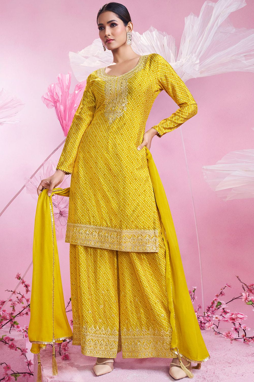 Yellow Sangeet Wedding Party Palazzo Salwar Kameez In Chinnon Silk SFFK23902