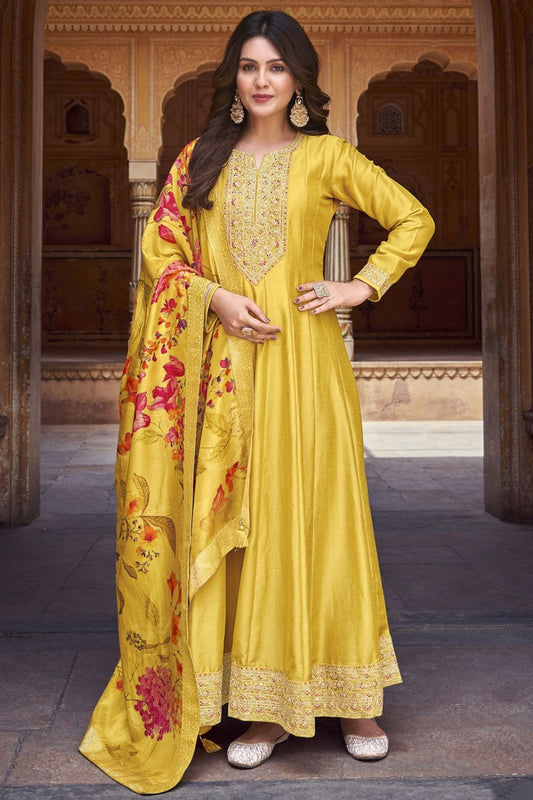 Yellow Wedding Haldi Sangeet Party Silk Anarkali Salwar Gown SFYS132701