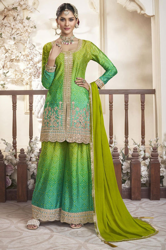 Green Wedding Chinnon Palazzo Kameez SFYS144503